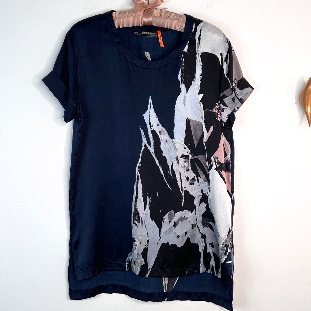 All Saints, Size:2, Silk Amaro Rip It Up Top, Navy/White/Pink/Black, EUC!